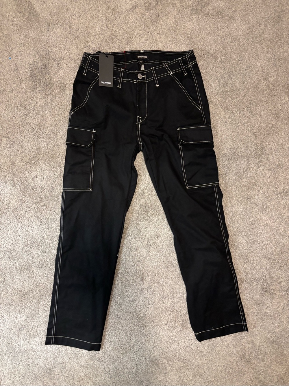 True Religion Black Cargo Pants with White Contrast Stitching